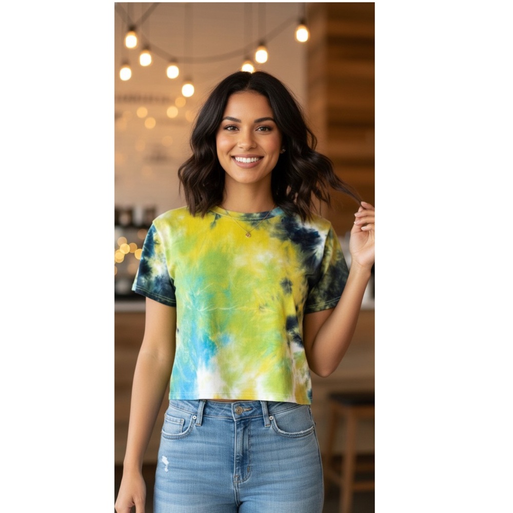 B-Free Women Tie Dye Crop Top Yellow Blue Black Size M NWT